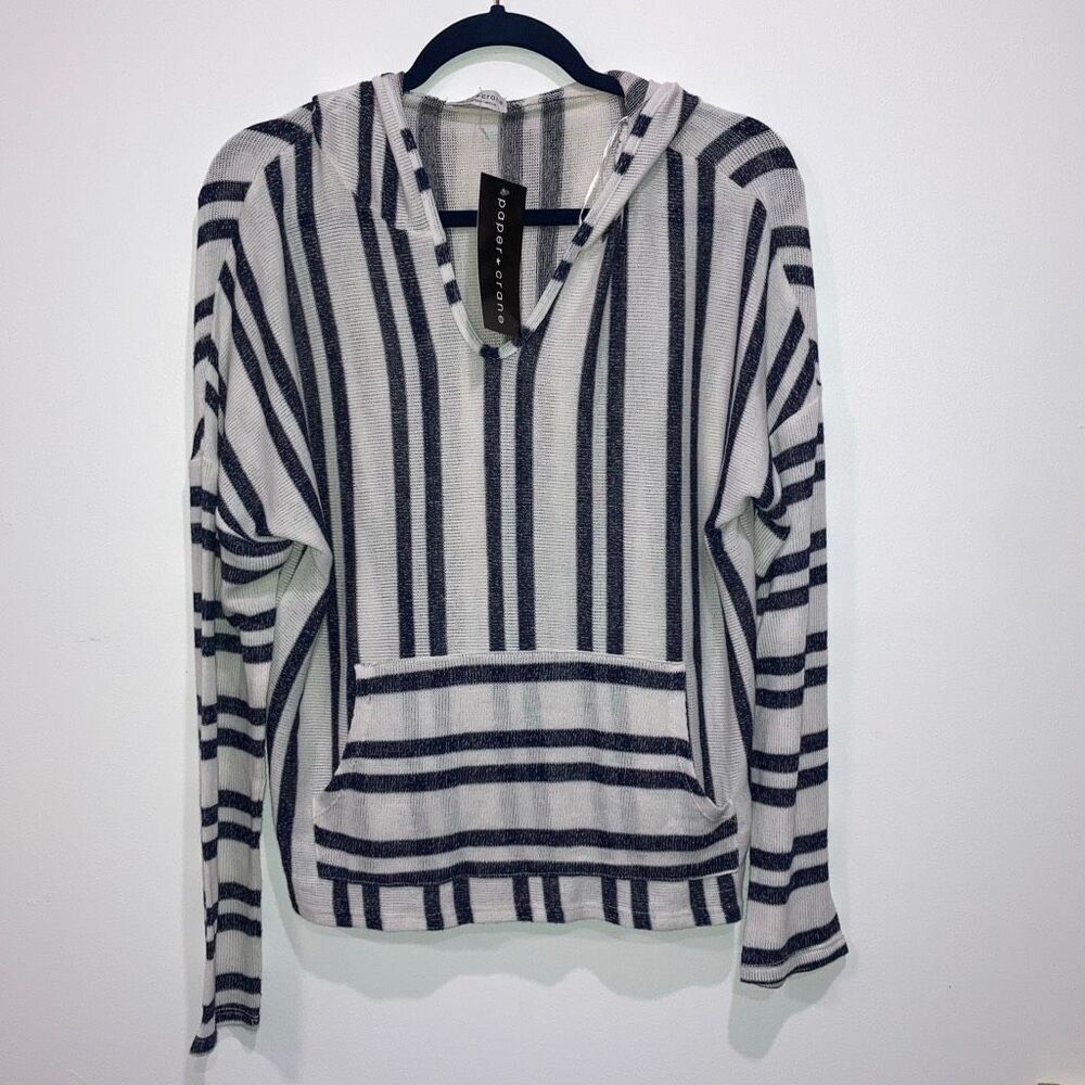 Paper Crane Striped Hooded Knit Pullover Top Women's Medium Blue White